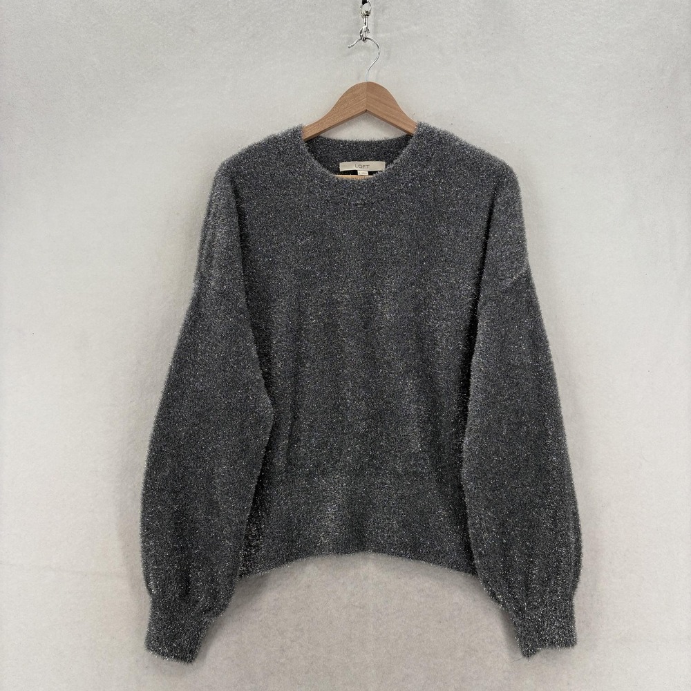 LOFT Sweater Womens Large Gray Metallic Eyelash Knit Balloon Sleeve Crew NWT